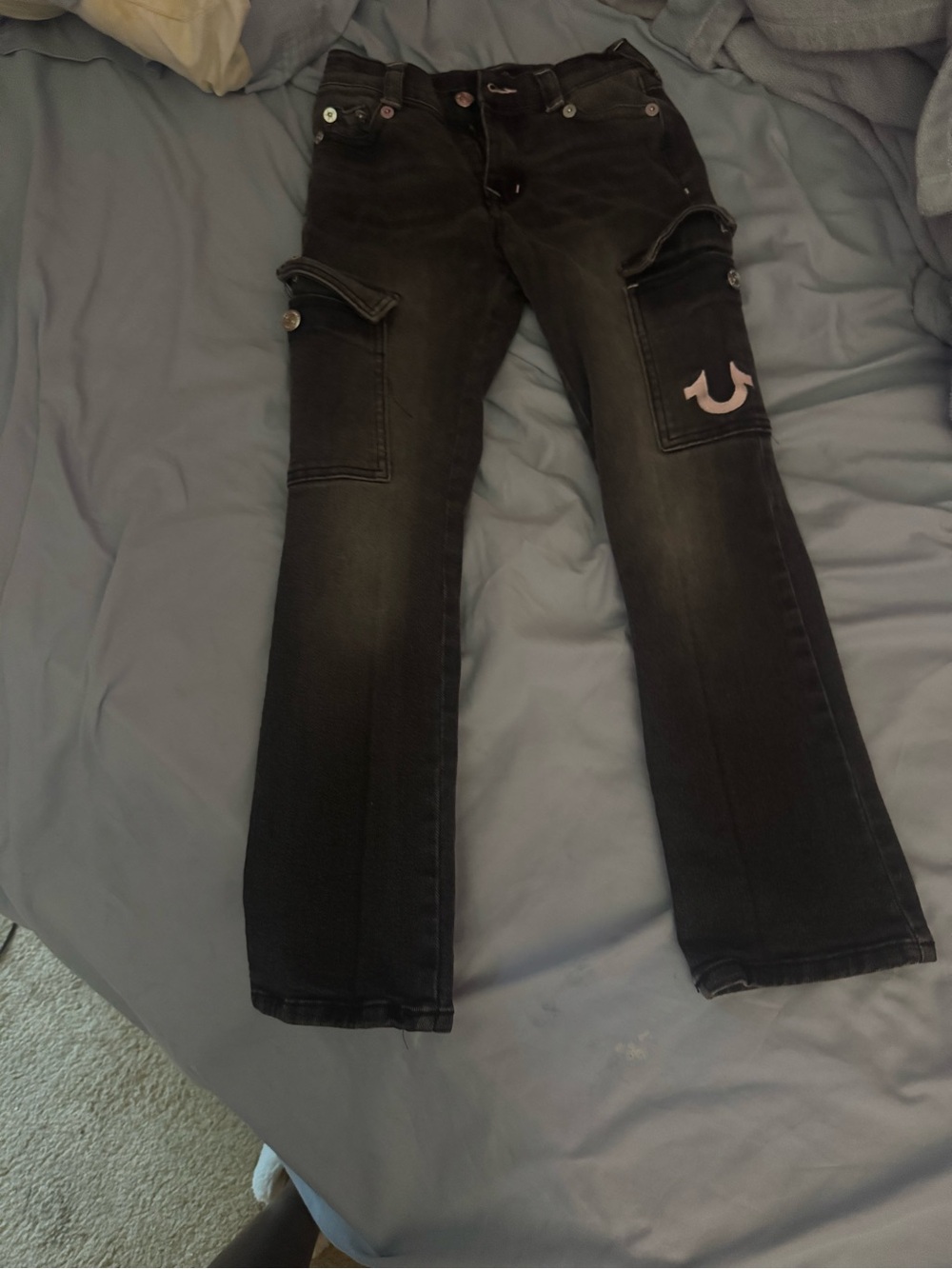 True Religion Black Cargo Jeans with Pink Logo